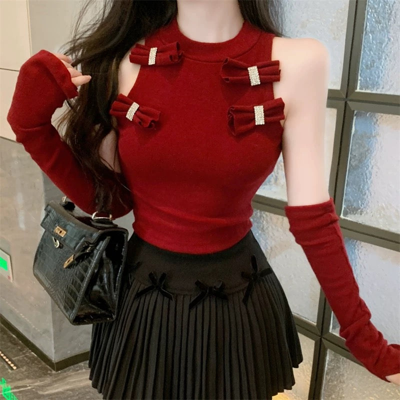 Bows Knitted Red Top With Sleeve