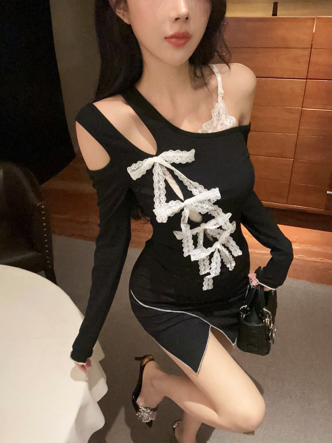 Black Mix Laces Long Sleeve Top
