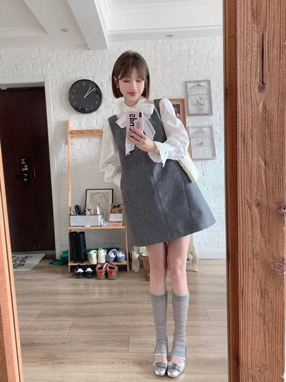 White Top + Grey Dress Two Pieces Set