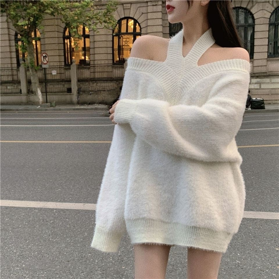 White Off Shoulder Long Sleeve Knitted Top