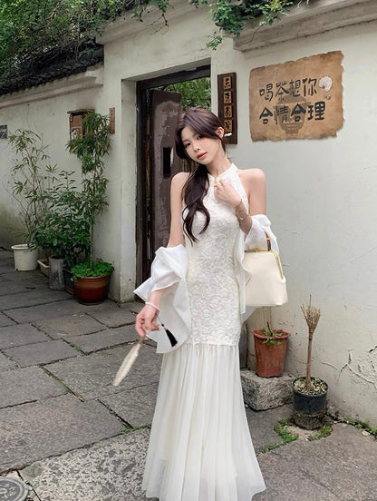 Beige Cheongsam CD022 Long Dress With Cardigan (S, M)