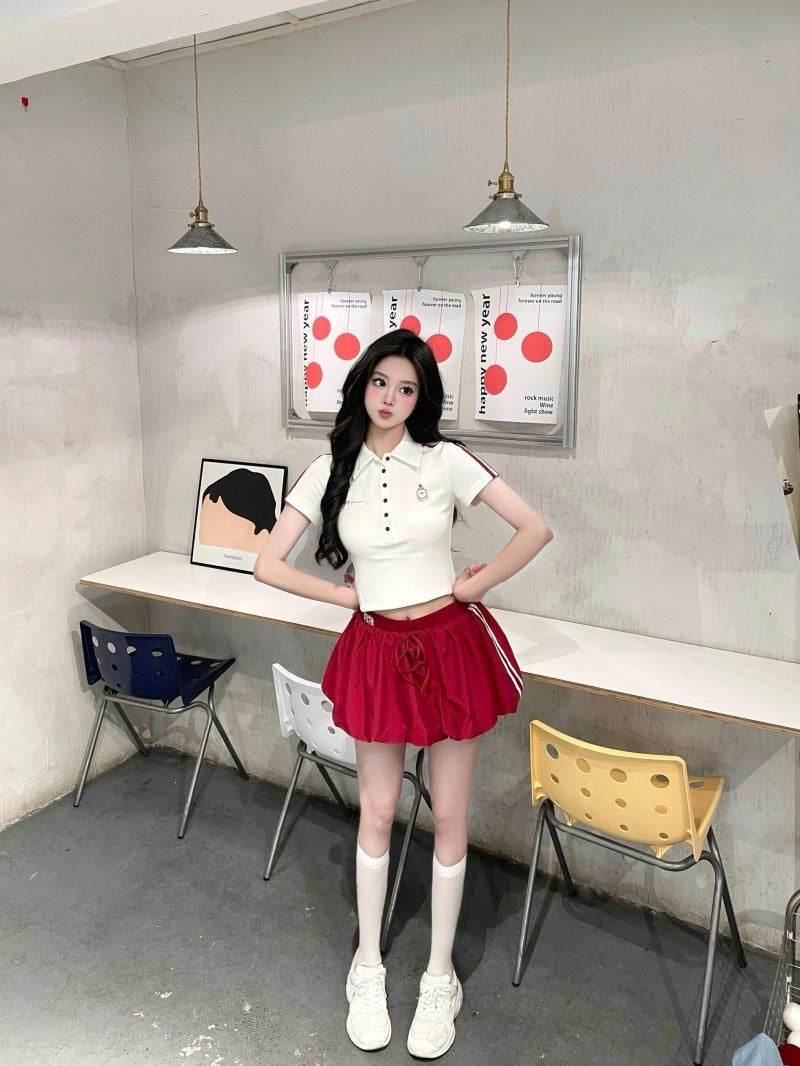 Collar White Top + Wine Red Skirt Two Piece Set