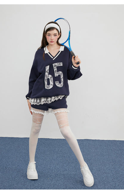 No.65 Premium Navy Sweater Top + Shorts Two Piece Set
