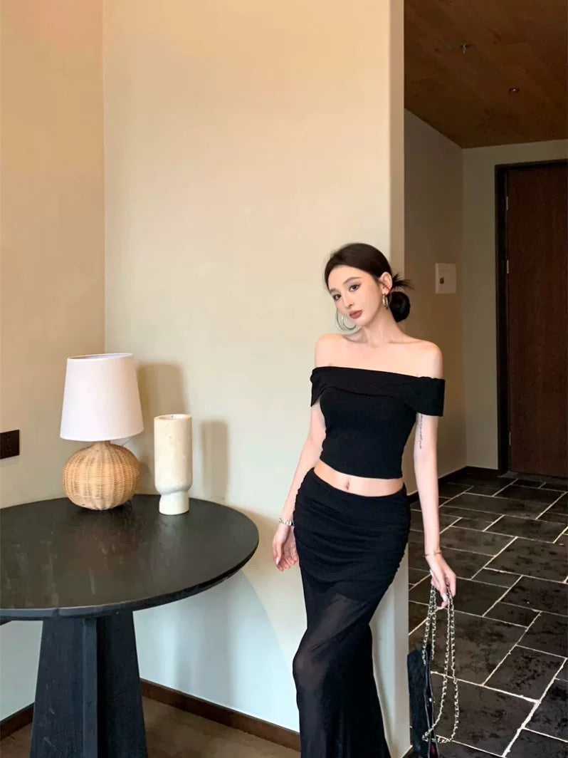 Black Off Shoulder Crop Top + Mesh Long Skirt Two Pieces Set
