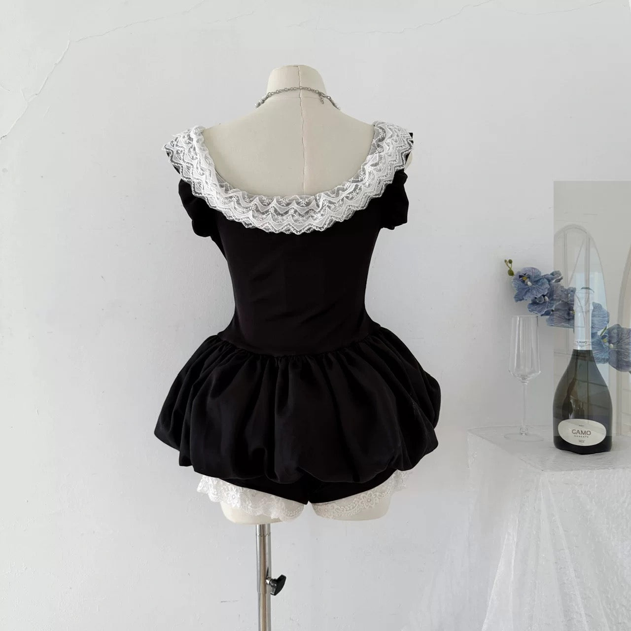White Lace Collar Black Dress + Shorts Two Piece Set