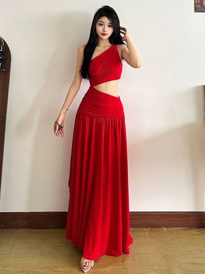 Red Side Waist Cut Long Dress (S)