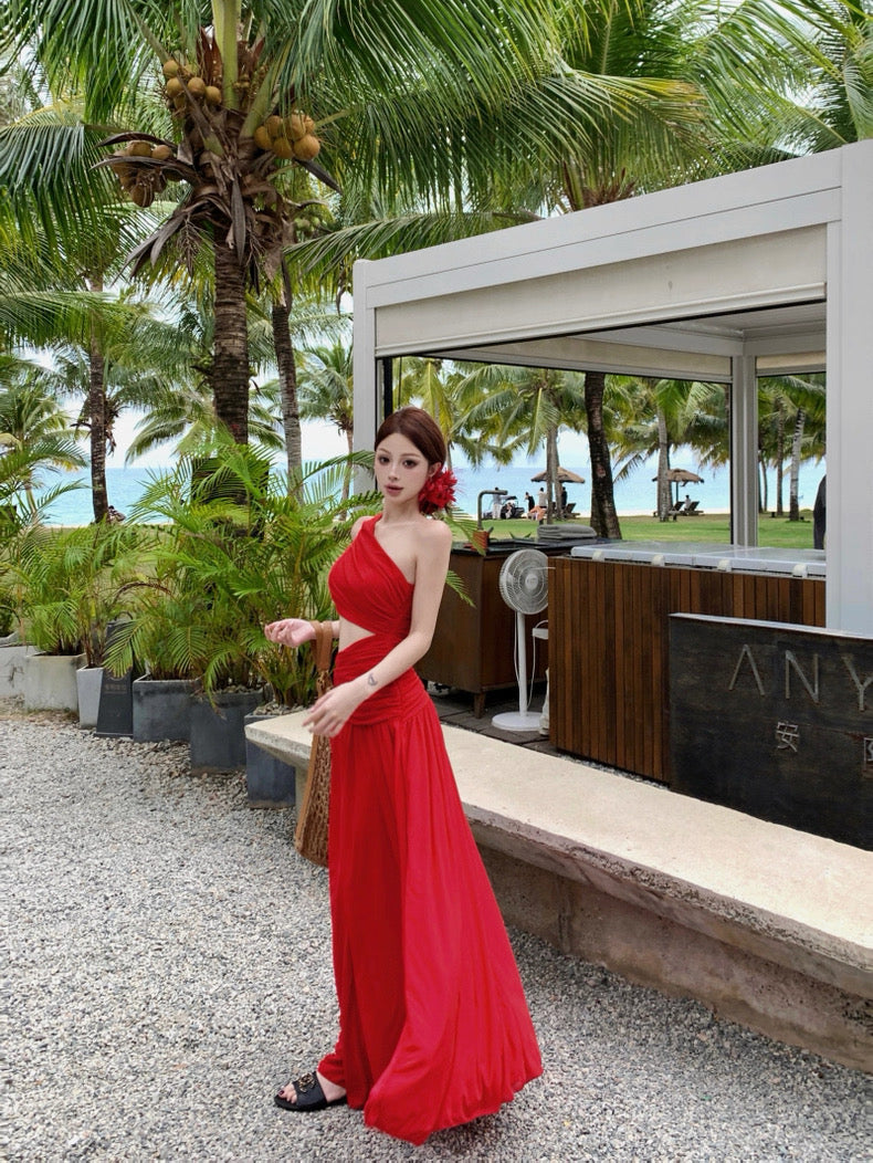Side Waist Cut Long Dress (White, Red)