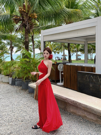 Side Waist Cut Long Dress (White, Red)