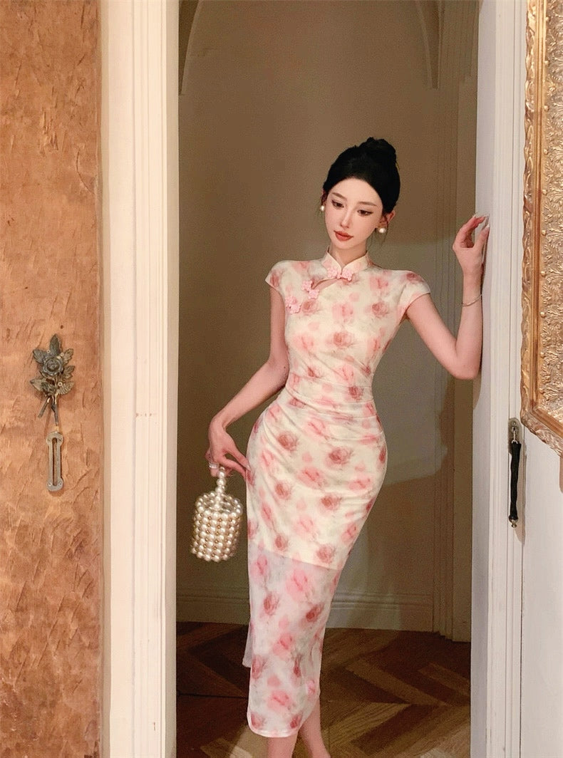 Pink Rose Beige Cheongsam CD020 Long Dress (S)