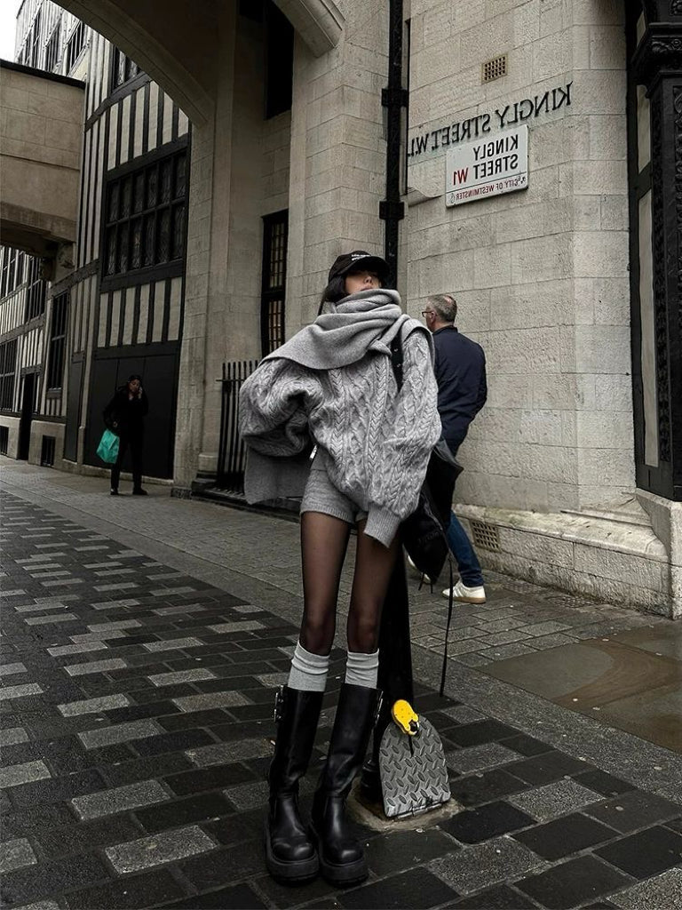 Grey Knitted Top + Shorts + Scarf Three Piece Set