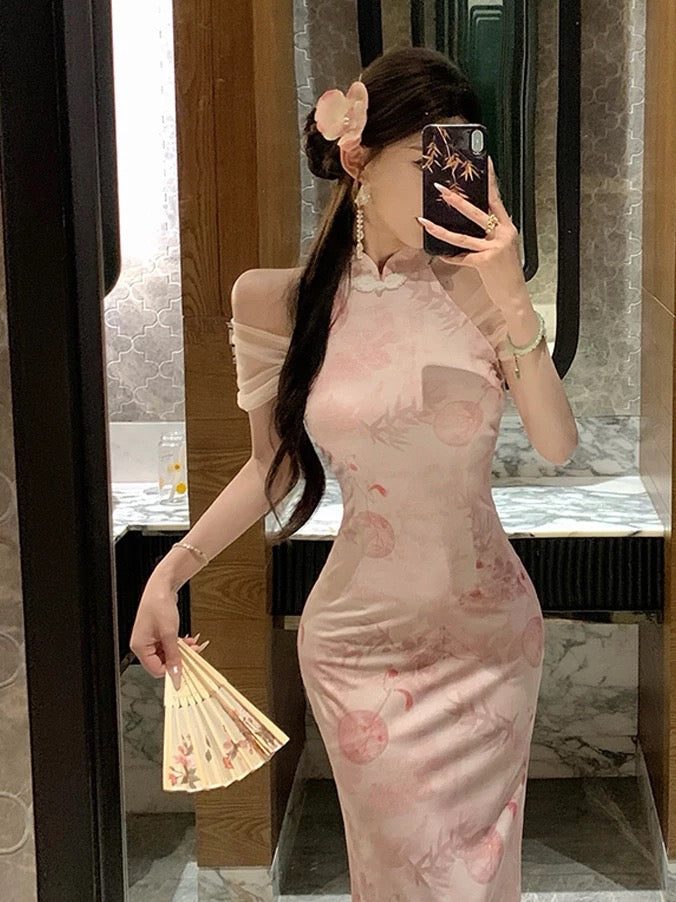 Pink Mesh Sleeve Cheongsam CD016 Long Dress (M）