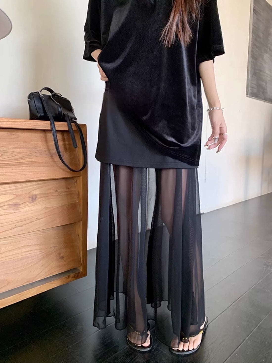 Cream White Mesh Long Skirt