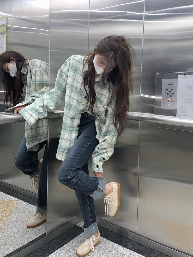 Mint Green Grid Long Sleeve Shirt