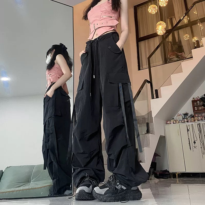 High Waist Strap Cargo Long Pants (Red, Black)