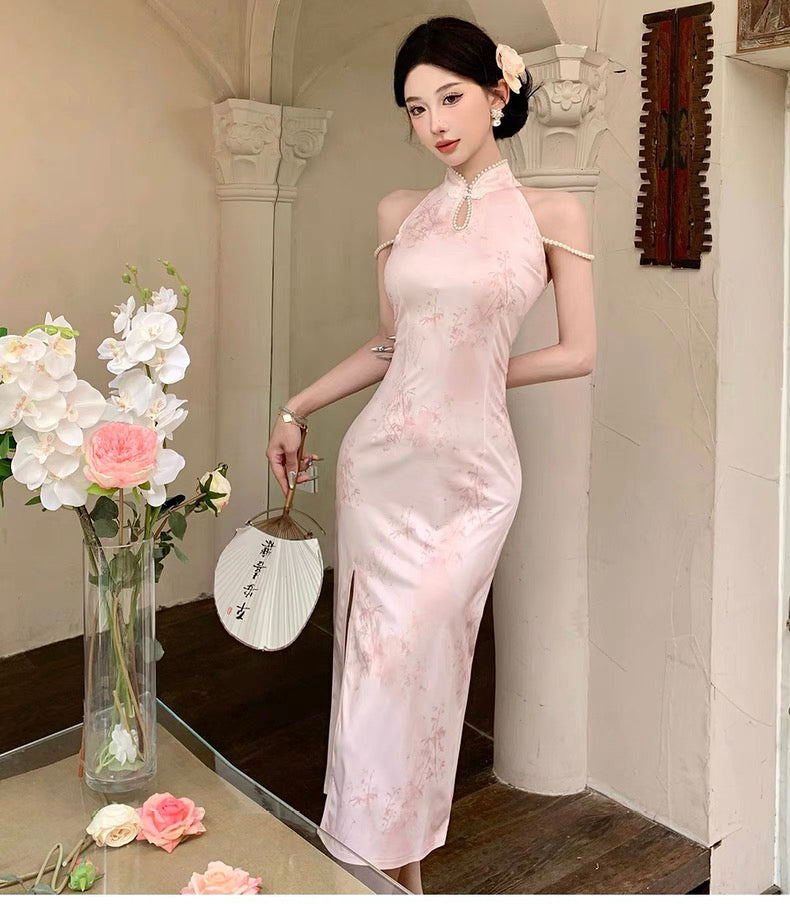 Pearl Strap Pink Cheongsam CD002 Long Dress (S)