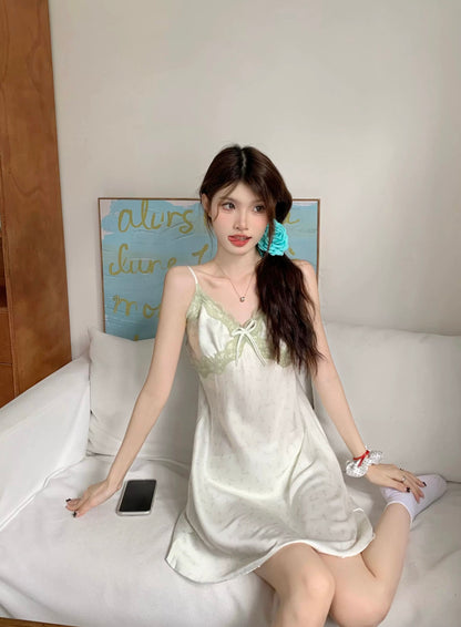 Green Lace Silk Homewear Dress Pyjamas