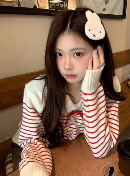 Stripe Long Sleeve Knitted Top (Red, Blue)