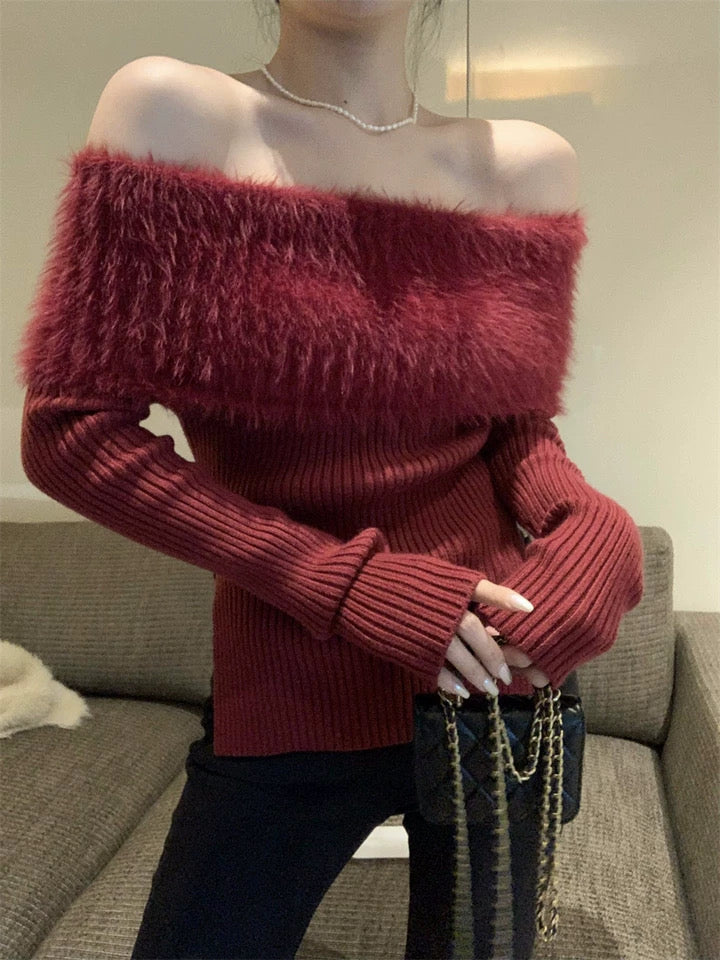 Off Shoulder Long Sleeve Knitted Top (Wine Red)