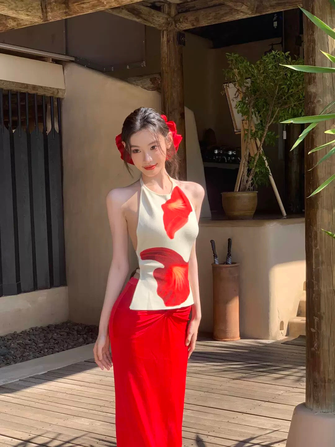 Red Flo Top + Red Skirt Two Piece Set (S)