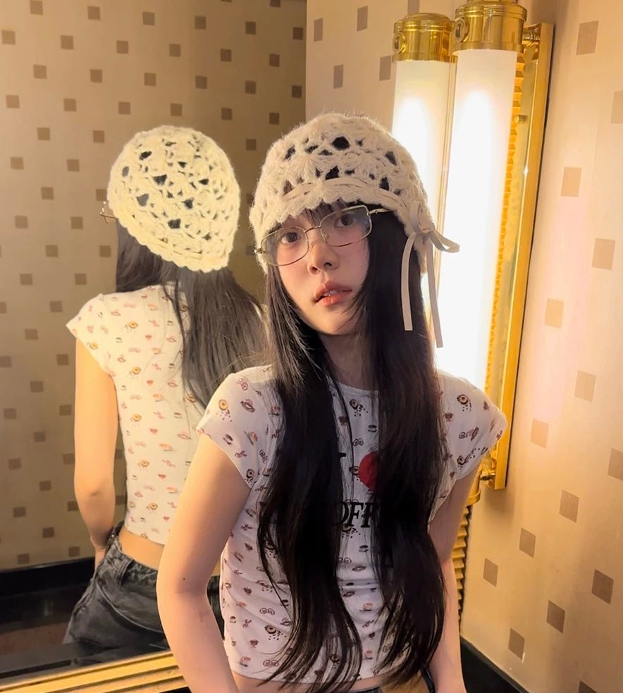 White Ribbon Knitted Embroidery Hat