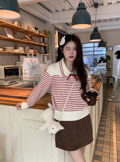 Stripe Long Sleeve Knitted Top (Red, Blue)