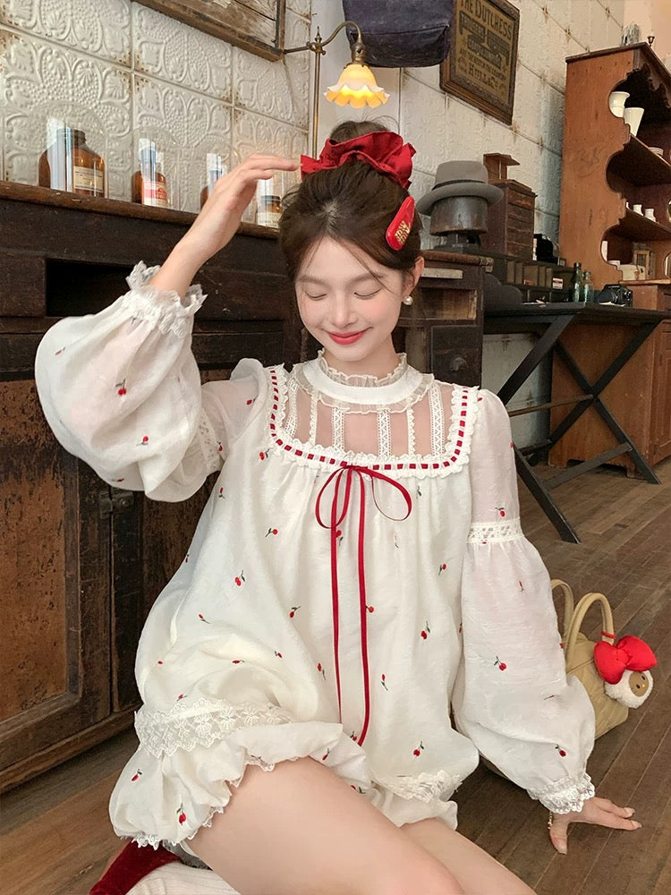 Dolly Beige Cherries Top + Skirt Two Piece Set (M)