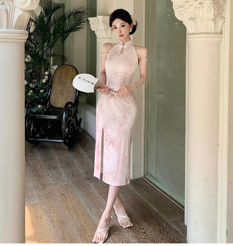 Pearl Strap Pink Cheongsam CD002 Long Dress (S)