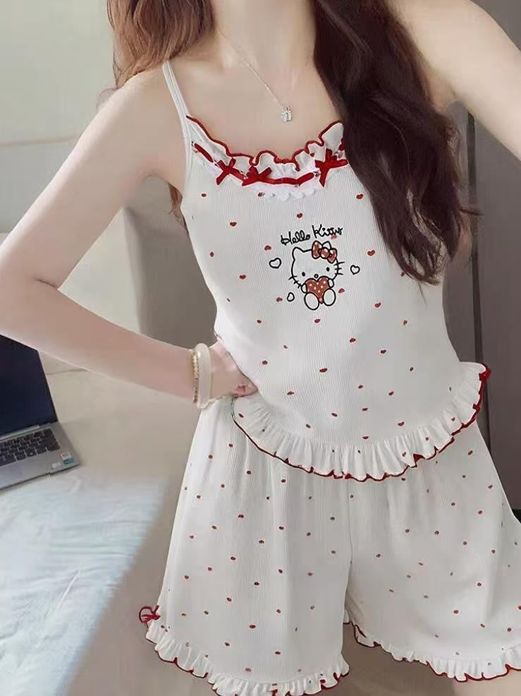 Kitty White Strap Top + Shorts Two Pieces Set Homewear Pyjamas