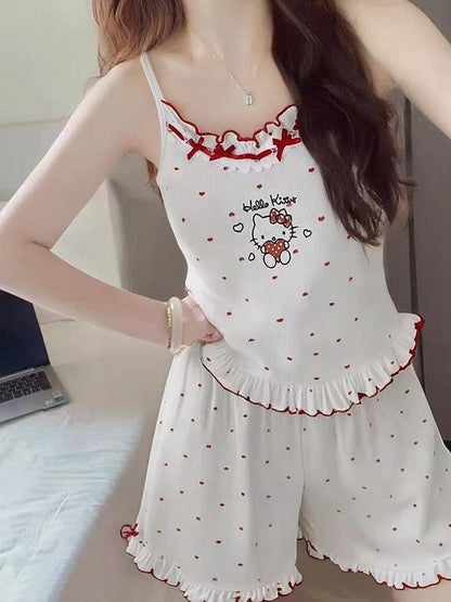 Kitty White Strap Top + Shorts Two Pieces Set Homewear Pyjamas