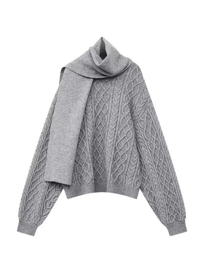 Grey Knitted Top + Shorts + Scarf Three Piece Set