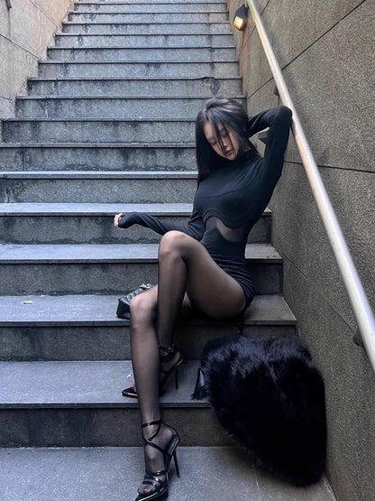 Halter Black Waist Cut Long Sleeve Romper