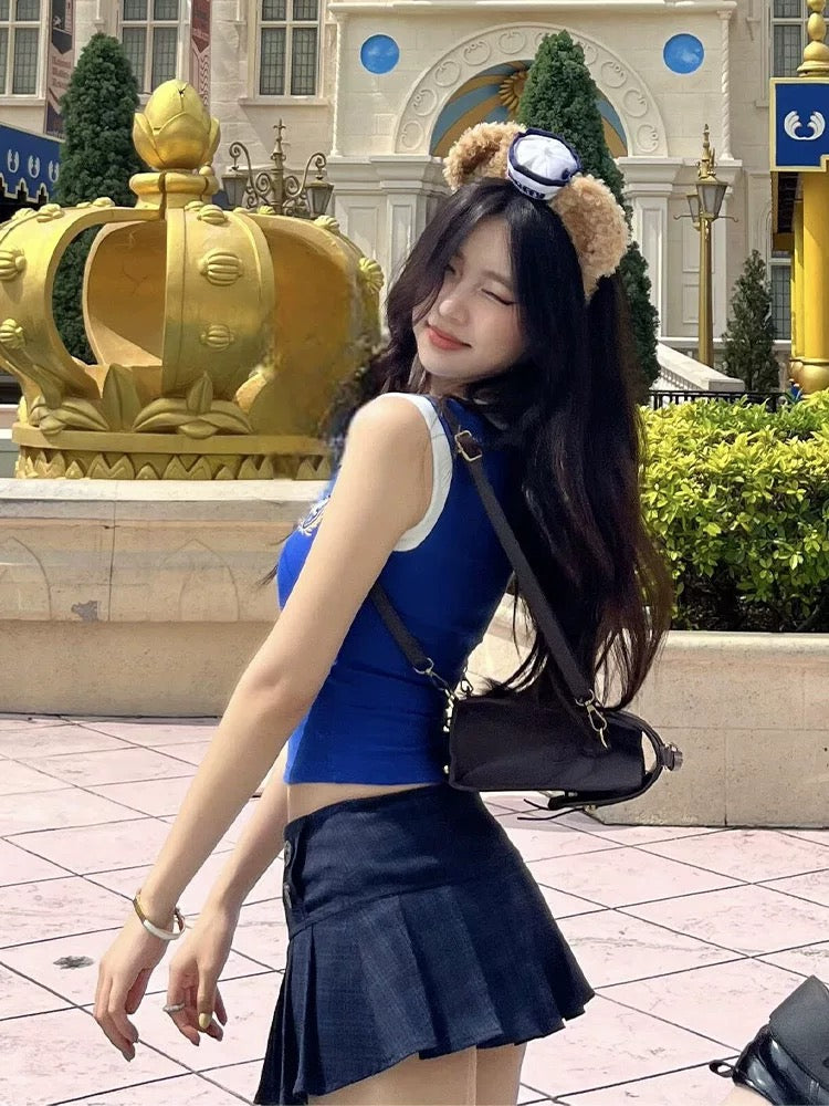 Uni V Collar Top + Skirt Two Piece Set (S, M)