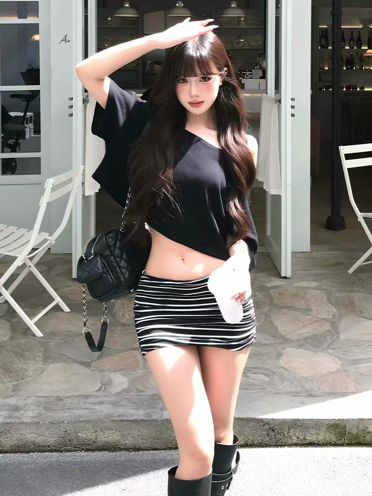 Black Top + Stripe Shorts Skirt Set