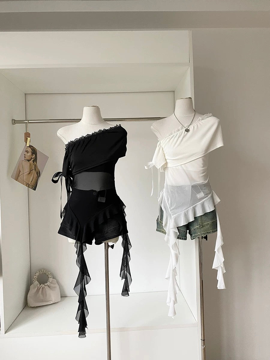 Laces Mesh Side Off Shoulder Sleeve Top