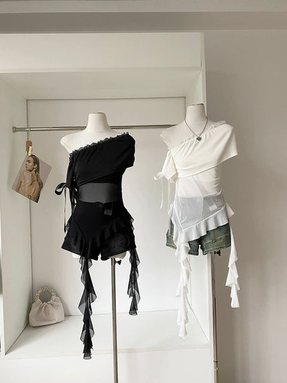 Laces Mesh Side Off Shoulder Sleeve Top