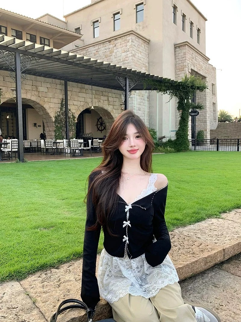 White Ribbon Black Top + White Laces Inner Top Two Piece Set