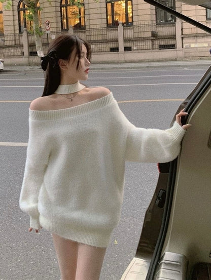 White Off Shoulder Long Sleeve Knitted Top