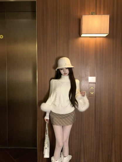 Fur Sleeve Multi Wear Collar Knitted Top (Cream, Brown)