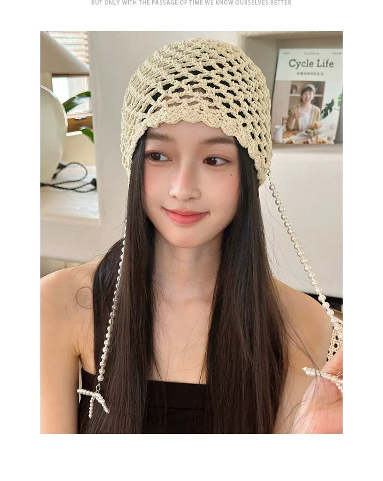 Pearl Ribbon Knitted Embroidery Hat (Red)