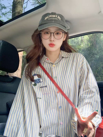 Color Button Stripe Long Sleeve Shirt