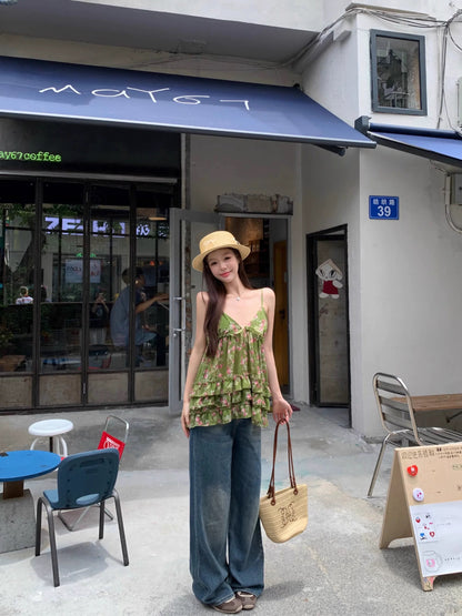 Green V Collar Chiffon Strap Floral Top