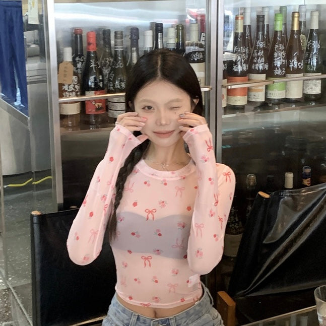 Pink Ribbons Thin Long Sleeve Mesh Crop Top Outerwear