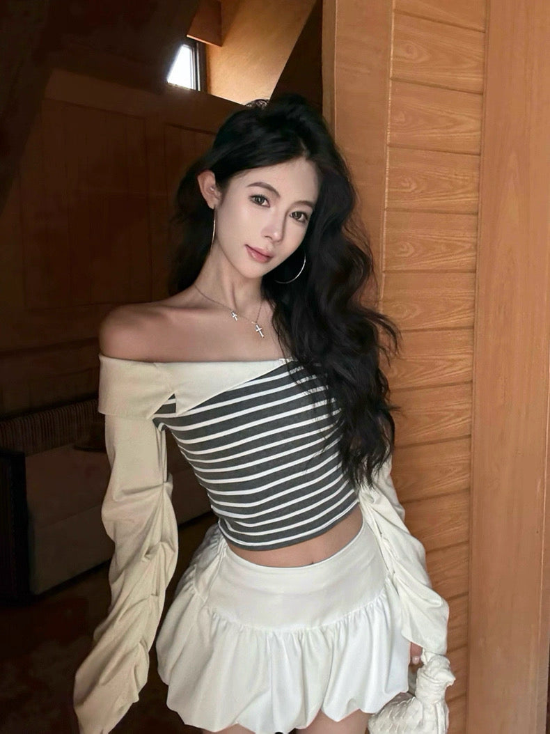 Stripe Long Sleeve Off Shoulder Top