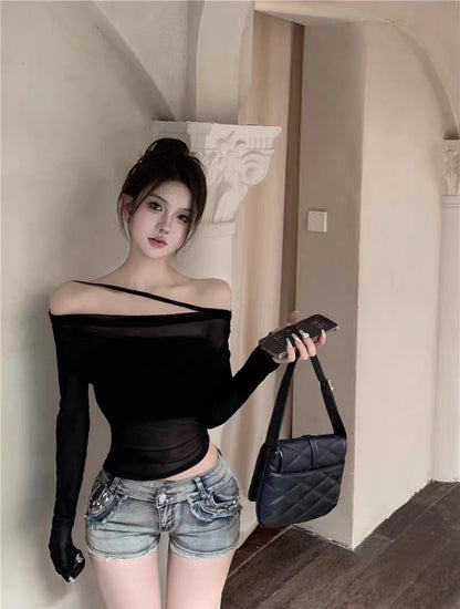 Mesh Off Side Shoulder Long Sleeve Top with tube