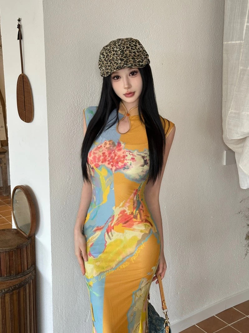 Orange Mix Blue Two Wear Cheongsam CD035 Long Dress (S, M)