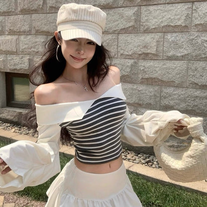 Stripe Long Sleeve Off Shoulder Top