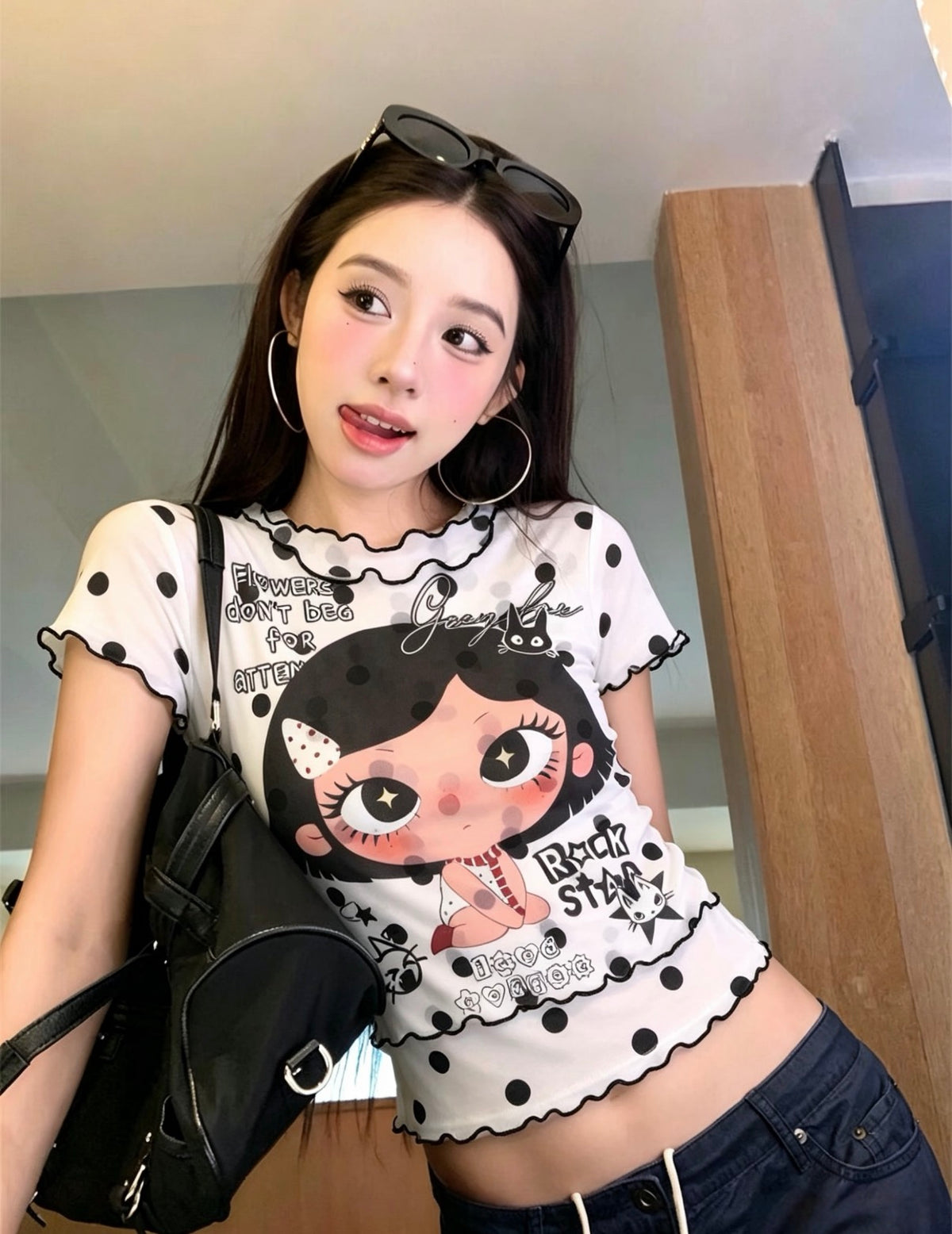 Black Dot White Mesh Top
