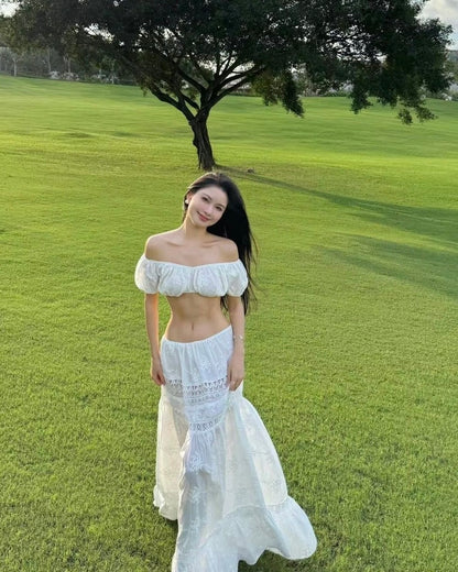 White Off Shoulder Crop Top Long Skirt Three Pieces Set