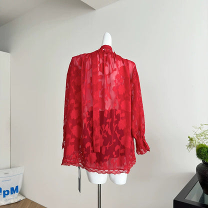 V Collar Lantern Sleeve Thin Top (Black, Red)