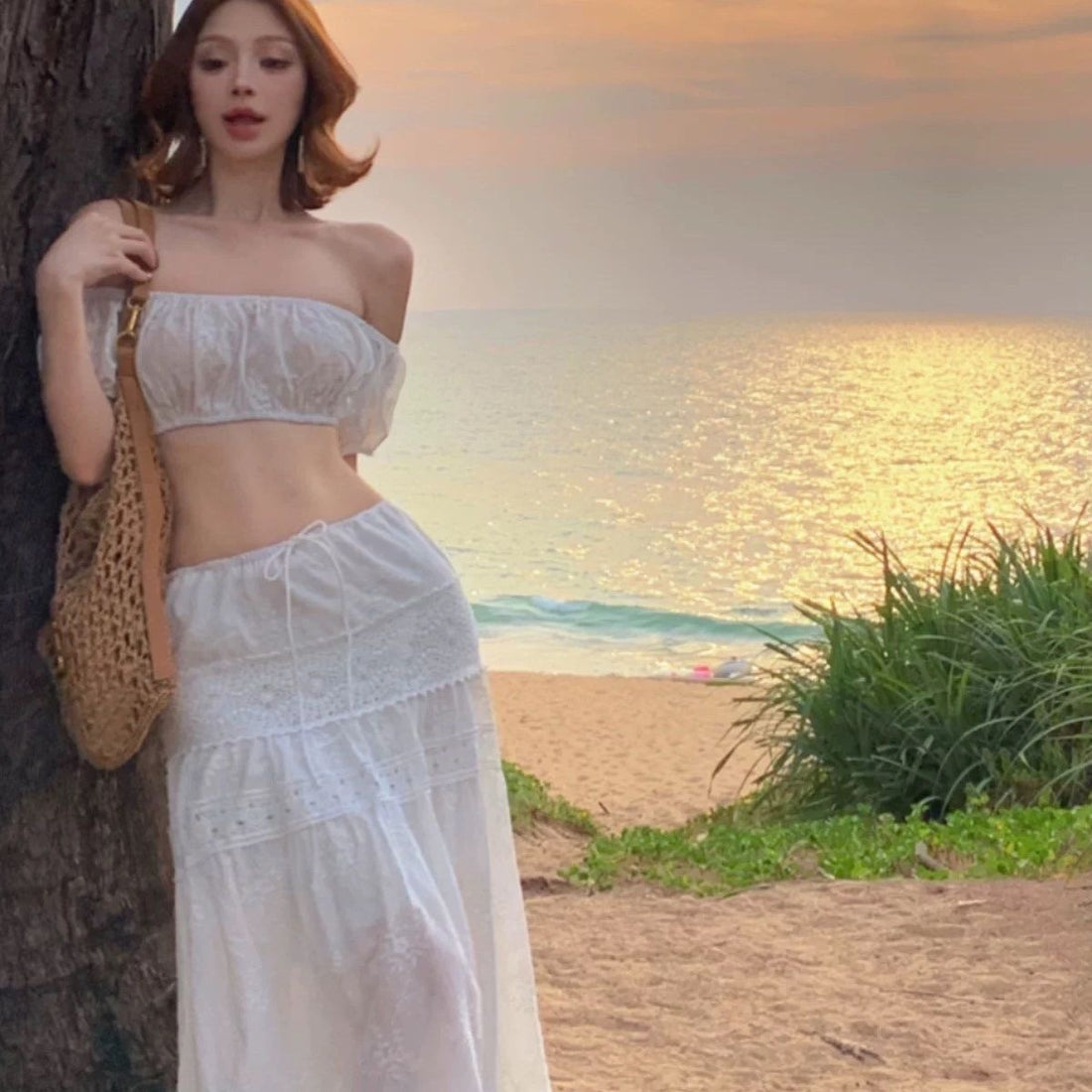 White Off Shoulder Crop Top Long Skirt Three Pieces Set